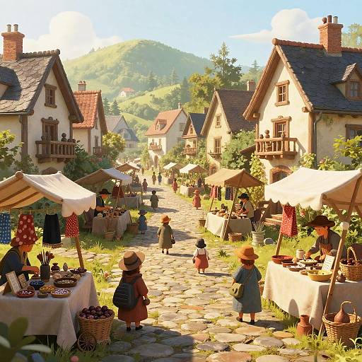 Colorful digital illustration of a sunny village market with cobblestone street, quaint houses, market stalls, children in vintage clothes, and lush green hills