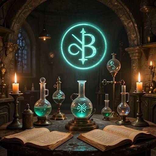 Mystical laboratory scene: glowing neon 