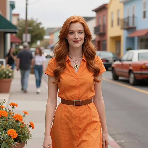 Woman in Orange Dress Standing on Colorful Street