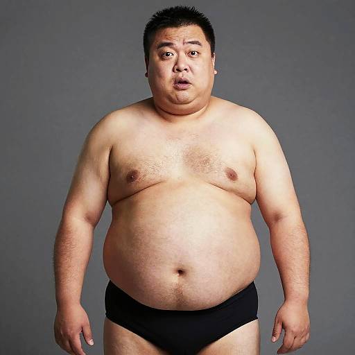 Photograph of a chubby, middle-aged Asian man with short black hair, wearing black underwear, standing against a plain gray background.