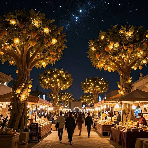 Night market under a starry sky, illuminated by orange lights on fruit trees, with vendors and shoppers walking through.