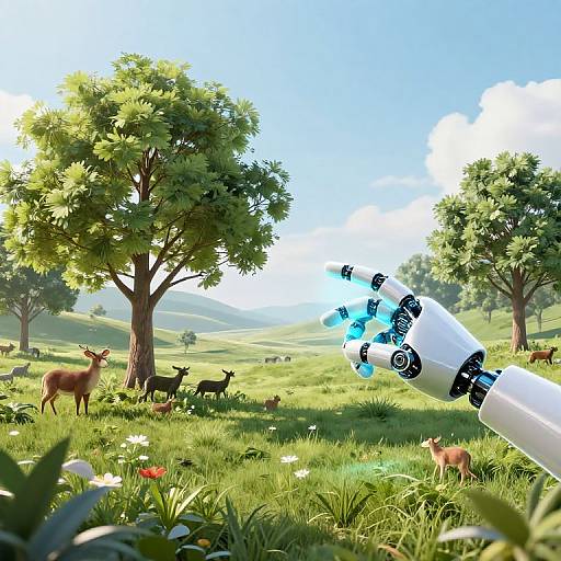 Digital illustration of a lush, sunny meadow with deer, goats, and trees, featuring a white tube emitting glowing blue flowers.