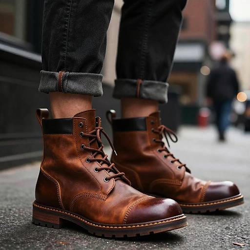 Photograph of brown leather lace-up boots with polished finish on wet urban street, paired with cuffed dark jeans, blurred city background.