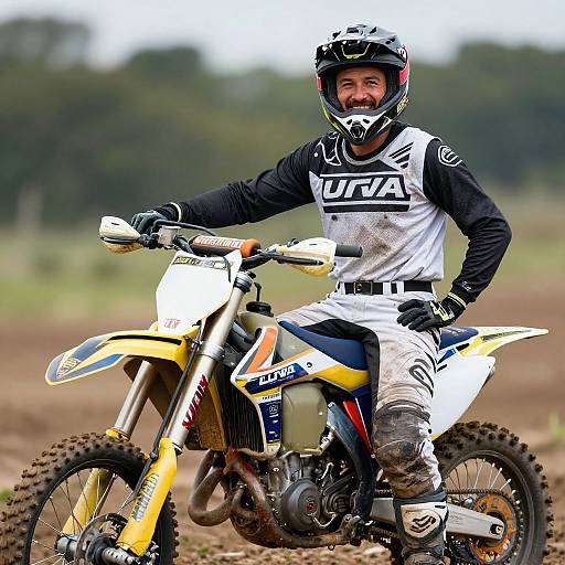 Photograph of a bearded male motocross rider in white and black gear, helmet, and 
