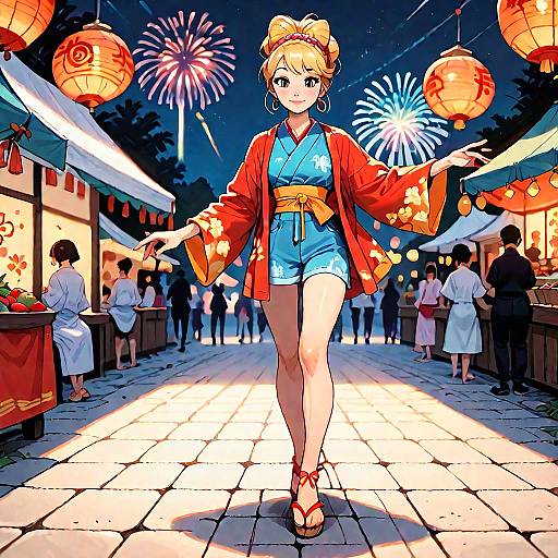 Digital anime-style illustration of a blonde woman in a red kimono and blue yukata, walking through a festive night market with fireworks, lanterns