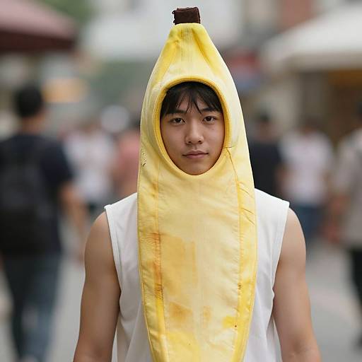 Photograph of an Asian man in a banana costume, white sleeveless shirt, standing in a blurred street with people. Bright yellow banana hood with dark