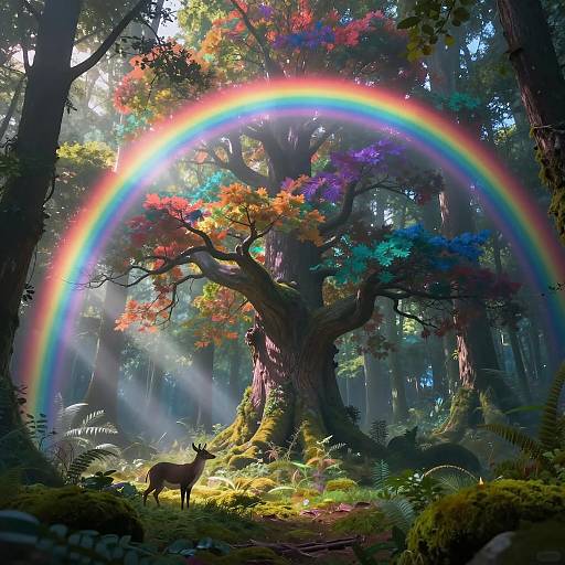 Mystical Forest with Rainbow and Ancient Tree