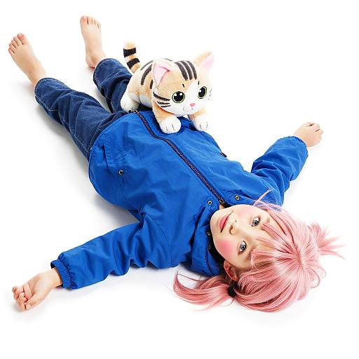 Cheerful Pink-Haired Child with Kitten