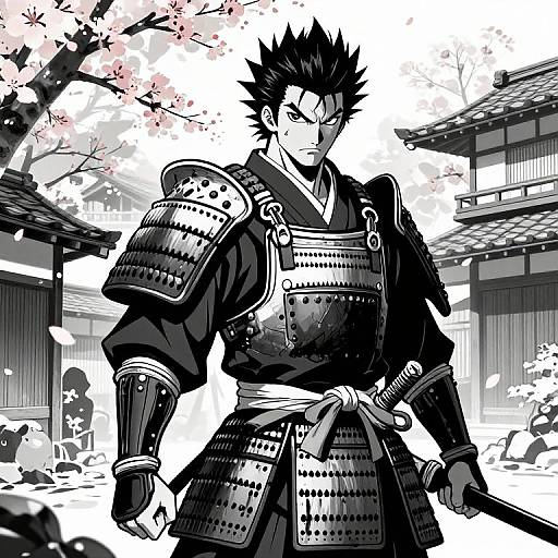 Monochrome digital illustration of a stern samurai with spiky hair, wearing detailed armor, standing in a snowy Japanese village with cherry blossoms. Background