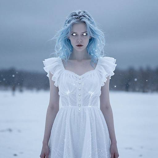 Photograph of a pale woman with blue hair and glowing white eyes, wearing a white ruffled dress, standing in a snowy field at night.