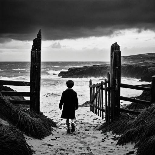 Boy Walking Through Weathered Gate to Stormy Rocky Coastline