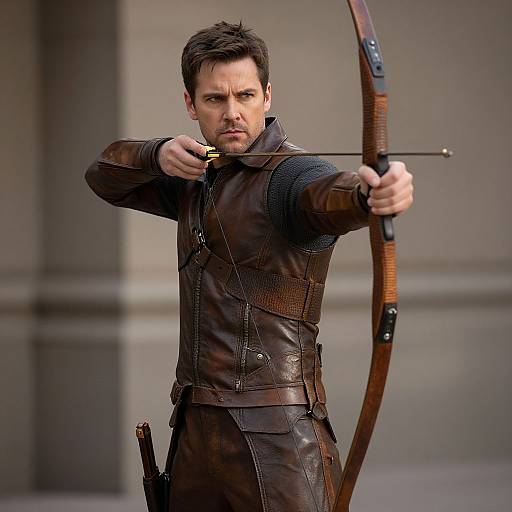 Photograph of a serious, dark-haired man in brown leather archer gear, drawing a wooden bow with arrow, urban background.