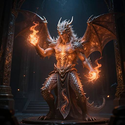Digital art of a powerful, orange-glowing, dragon-like warrior with large wings and horns, conjuring fire in a dark, gothic cathedral