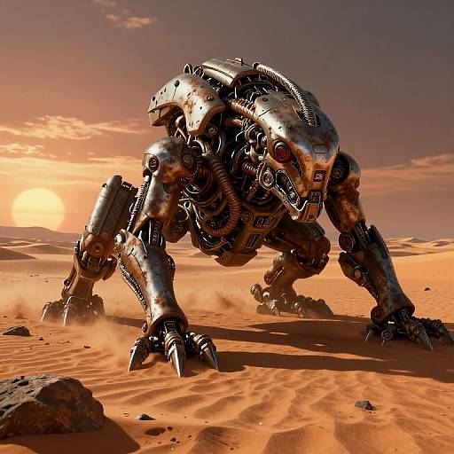 CGI image of a metallic, robotic, four-legged creature with exposed wires and mechanisms, crouching in a sunlit, orange desert landscape.