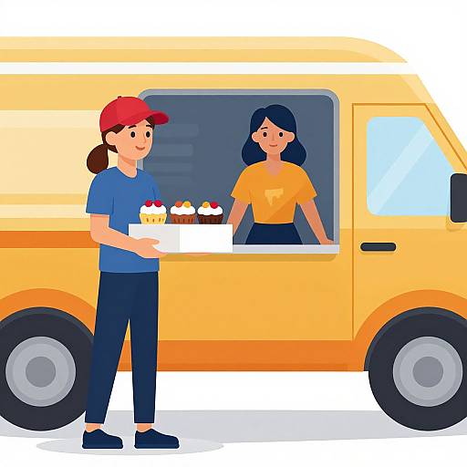 Illustration of two women, one in a red cap and blue shirt, the other in an orange shirt, standing by a yellow food truck with desserts