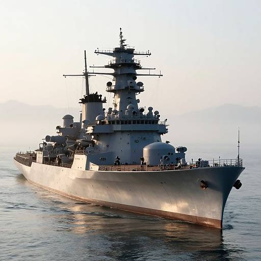 Photograph of a large, gray naval warship with multiple antennas and radar domes, sailing on calm ocean waters at sunset.