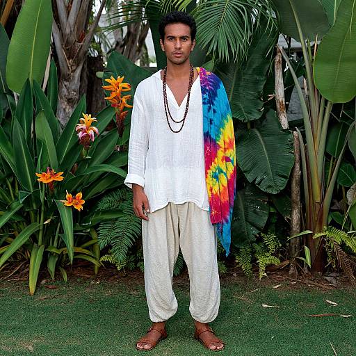 Photograph of a man with medium skin tone, dark hair, wearing a white shirt, cream pants, brown sandals, and a vibrant rainbow tie-d