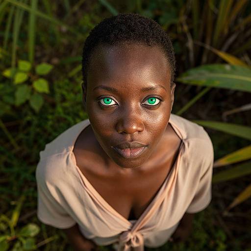 Photograph of a dark-skinned woman with striking green eyes, short hair, and a beige top, looking up from lush greenery.