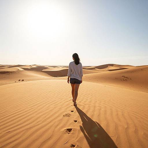 Photograph of a woman with dark hair, wearing a white shirt and black shorts, walking in a sunlit, rippled desert.