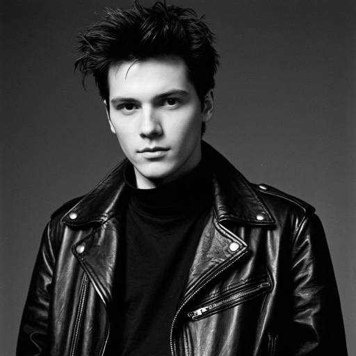 1980s Style Man in Black Leather Jacket