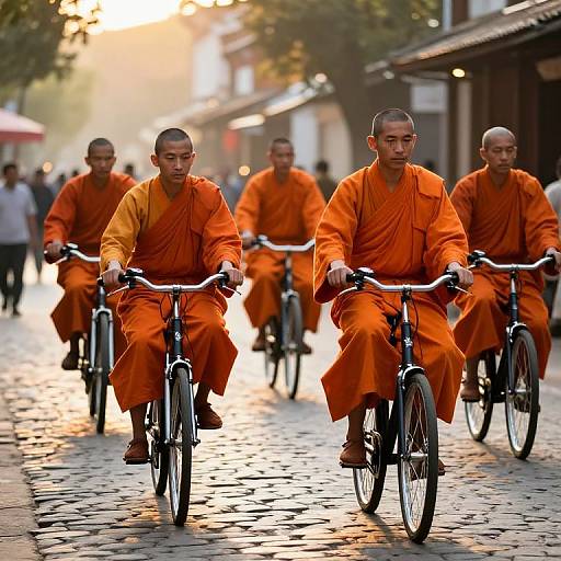 Photograph of five Buddhist monks in bright orange robes riding bicycles down a sunlit, cobblestone street, with blurred background buildings and trees.