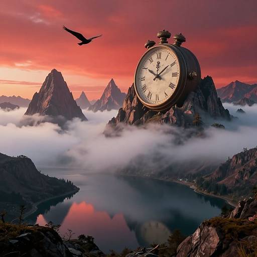 Photograph of a large antique clock on a mountain peak, surrounded by misty valleys, red sunset sky, and a flying bird.