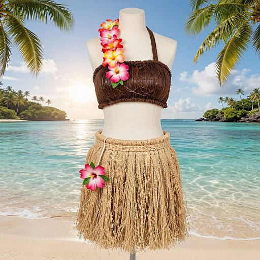 Photograph of a white mannequin wearing a black straw bikini top and hula skirt, adorned with pink and yellow flowers, set against a tropical