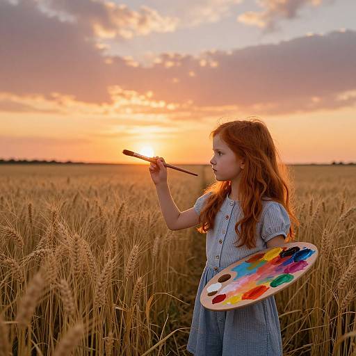 Photograph of a red-haired girl with wavy hair, wearing a blue-striped dress, painting sunset over a golden wheat field, holding brush and palette