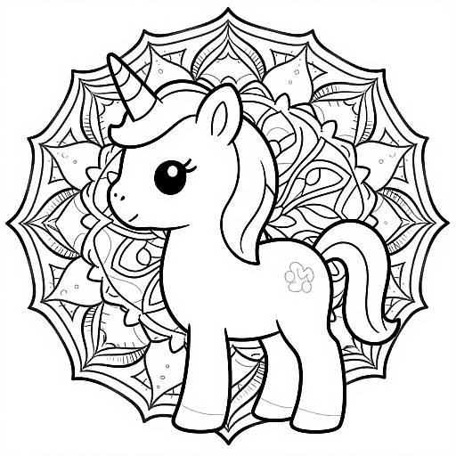 Black-and-white digital drawing of a cute, chibi-style unicorn with a mane and tail, surrounded by intricate, spider-web-like patterns.