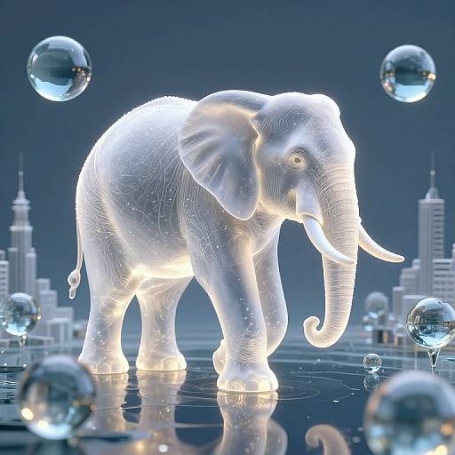 Digital artwork of a glowing, translucent white elephant surrounded by floating glass bubbles, set against a dark blue cityscape background.