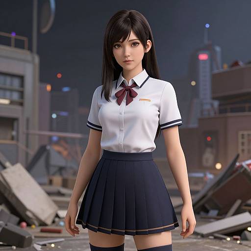Digital anime-style artwork of a young Asian girl in a white school uniform with a red bow, black skirt, standing in a ruined urban cityscape at