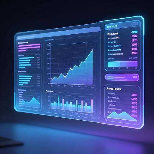 Neon-lit financial monitor displaying colorful graphs and charts of stock market data, with blue and purple accents, in a dark room. Digital, futuristic