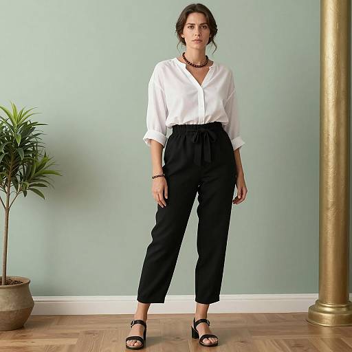 Woman in Casual White Blouse and Black Pants