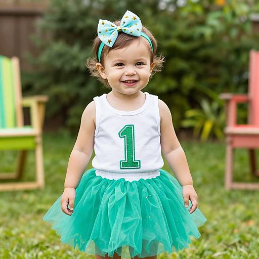 Photograph of a smiling toddler girl with light skin, wearing a white tank top with a green 