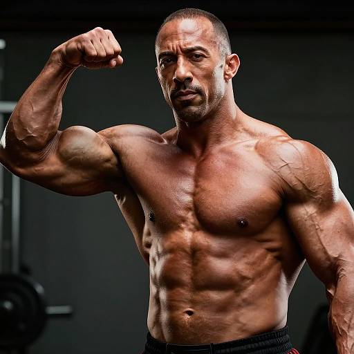 Photograph of a muscular, shirtless, middle-aged man with dark skin, bald, flexing his right bicep in a gym, showcasing