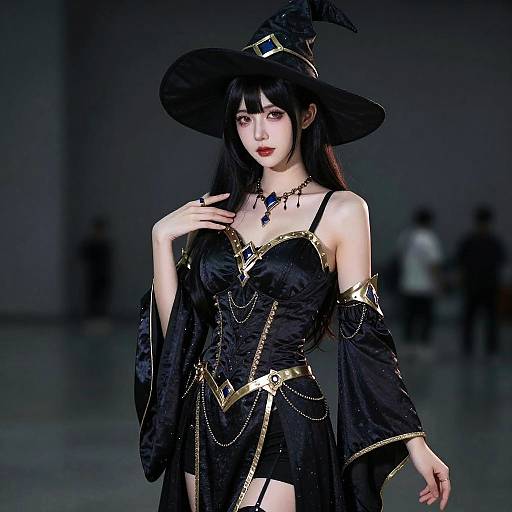 Photograph of an Asian woman in a black witch costume with gold trim, wide hat, and long sleeves, posing confidently on a dimly lit runway