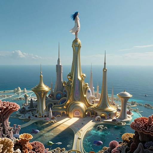 Digital fantasy artwork of a golden, spire-topped, oceanic city with a blue-haired figure in a white dress standing atop the central spire