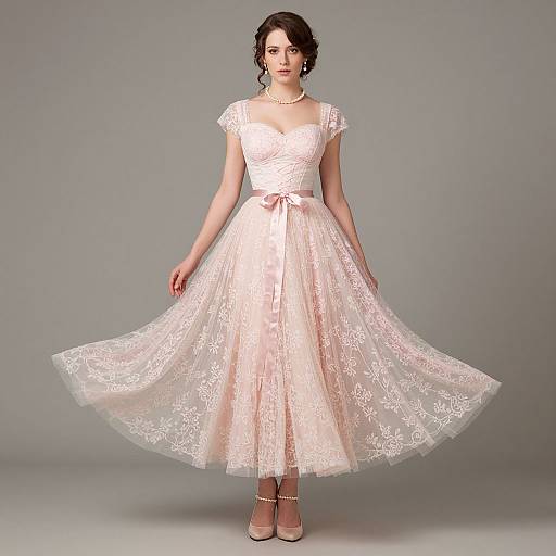 Photograph of a fair-skinned woman with dark curly hair in a white lace, sleeveless, V-neck, knee-length dress with a bow,