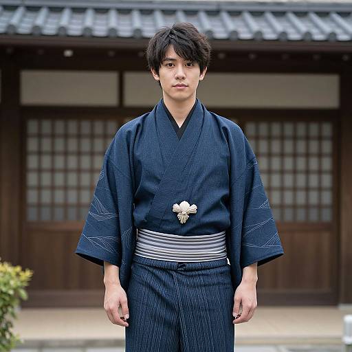 Photograph of a young Asian man with short black hair, wearing a dark blue, pinstriped kimono with a white floral brooch and