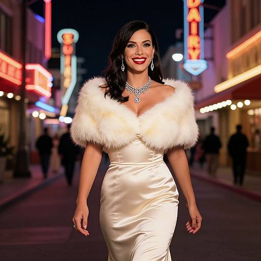 Photograph of a smiling woman with dark hair, wearing a white satin dress with fur shoulders, necklace, walking in a neon-lit, bustling city