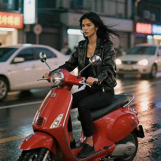Confident Woman Riding Red Scooter at Night