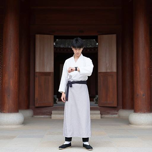Photograph of a young Asian man with black hair wearing a white martial arts uniform, black belt, and black shoes, standing in front of a traditional