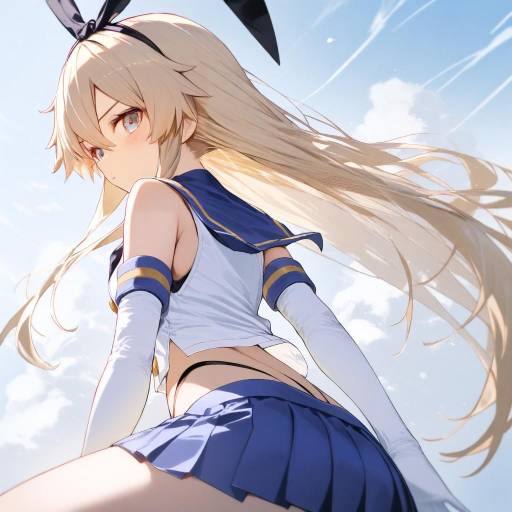 Blonde Girl in Blue Skirt and Gloves