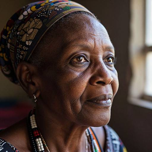 Close-up photograph of an elderly African woman with dark skin, wearing a colorful headscarf and beaded necklace, looking thoughtfully to the side in