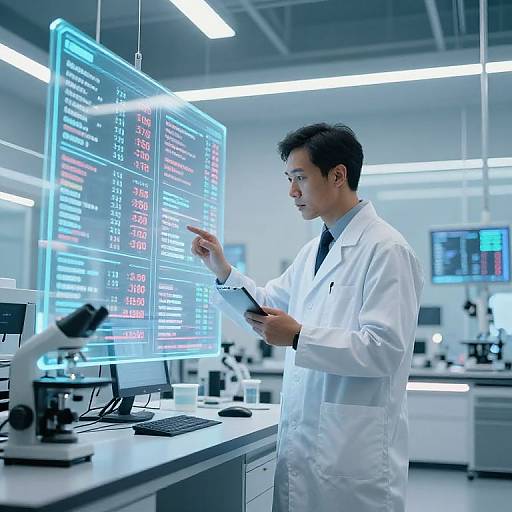 Photograph of an Asian male scientist in a white lab coat, standing in a modern, brightly lit laboratory, interacting with a large, glowing, blue