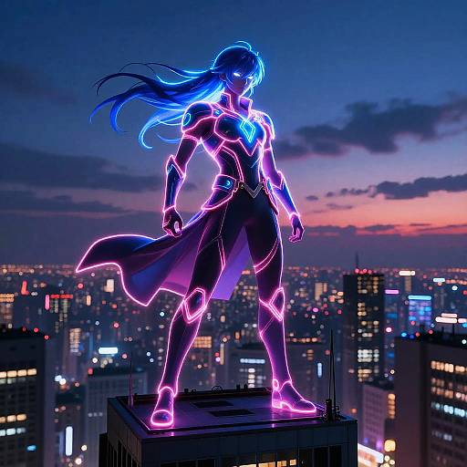 Digital artwork of a glowing, neon-blue superhero with flowing hair, standing on a rooftop at dusk, illuminated cityscape in background.