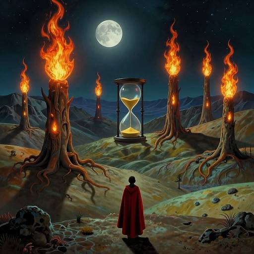 Digital fantasy art: lone figure in red cloak facing fiery hourglass trees under full moon in starry desert night.