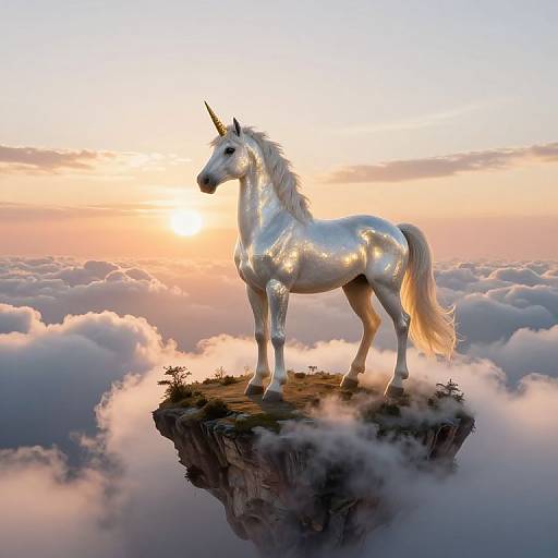 Digital artwork of a radiant, silver unicorn with a glowing horn standing on a cliff amidst fluffy clouds at sunrise.