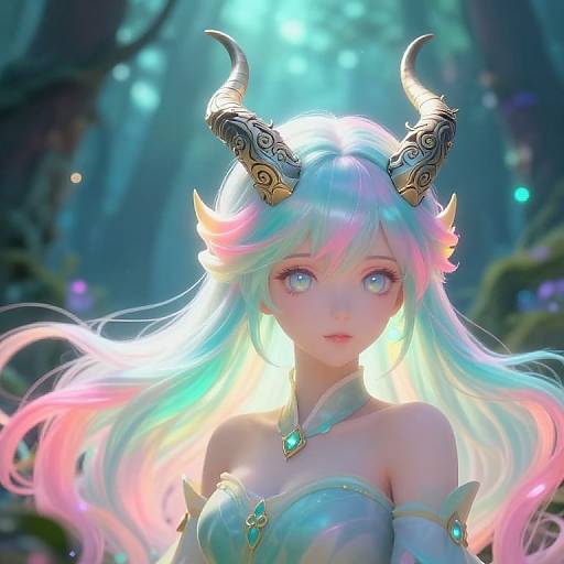 Digital art of a fantasy elf woman with pastel rainbow hair, glowing blue eyes, gold-accented black horns, and a shimmering, strap