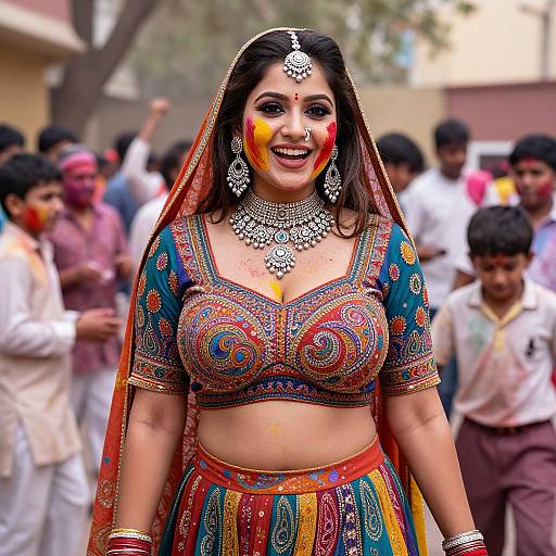 Photograph of a smiling South Asian woman in vibrant traditional attire, adorned with colorful face paint, intricate jewelry, and a veil, standing amidst a festive